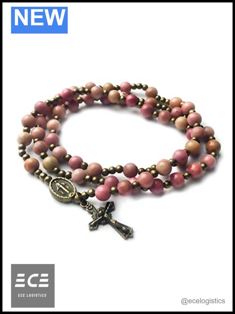 Pink Rhodonite Rosary Bracelet Miraculous Medal Charm Catholic 7.5 in